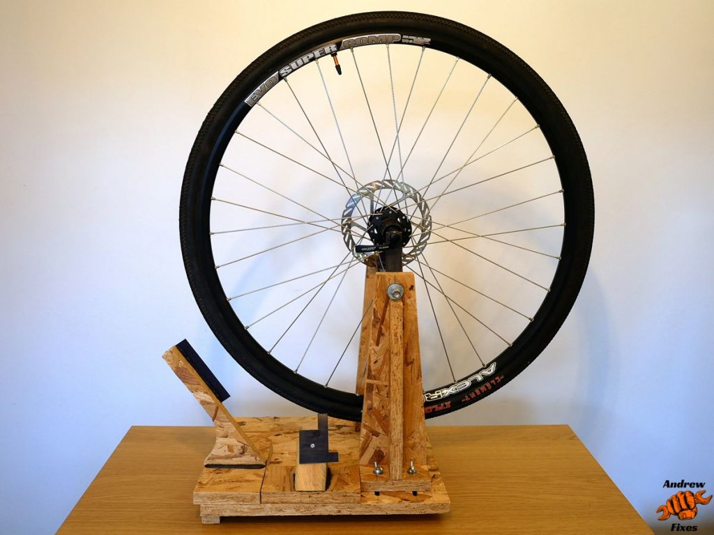 Picture of a home made wheel truing stand for bicycle spoke replacement