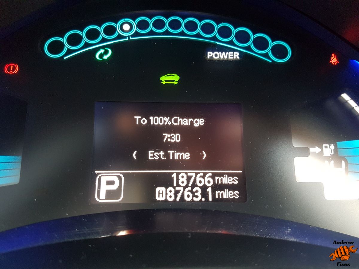 Picture showing Nissan Leaf charge time indicator with 3.6 kVA charger